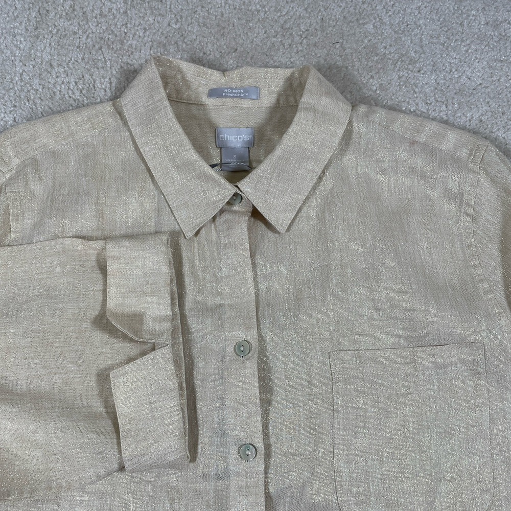 NWT Chico's No-Iron Linen Metallic Shirt Womens 3 (16) Gold Sand 3/4 Sleeve - Picture 1 of 10
